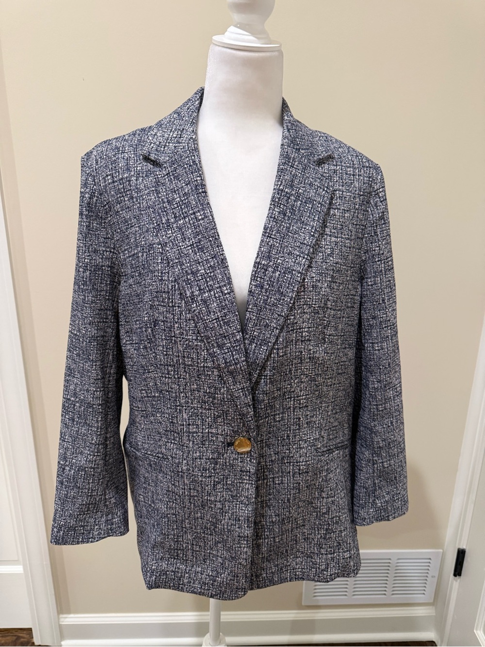 Anne Klein Navy and White Tweed Blazer with Gold Button